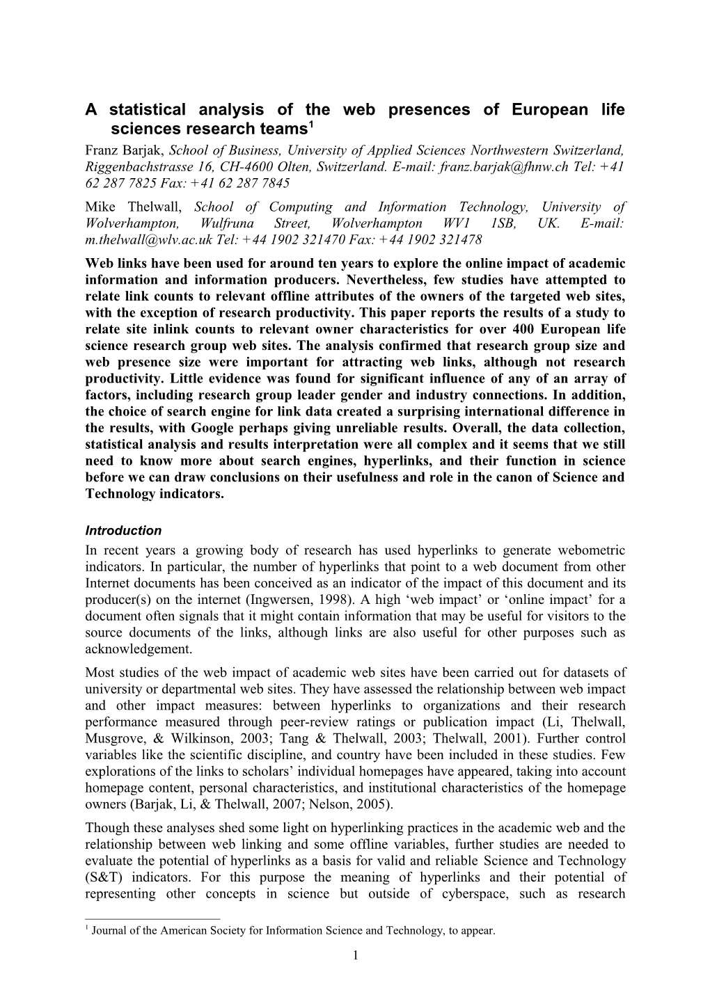 A Statistical Analysis of the Web Presences of European Life Sciences Research Teams