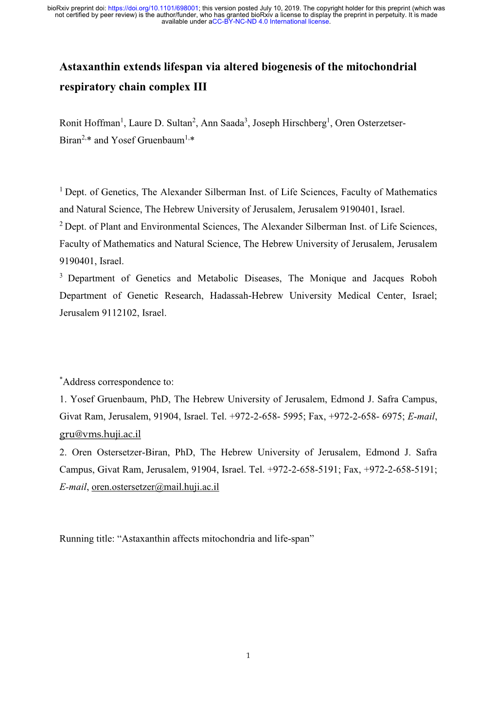 Astaxanthin Extends Lifespan Via Altered Biogenesis of the Mitochondrial Respiratory Chain Complex III