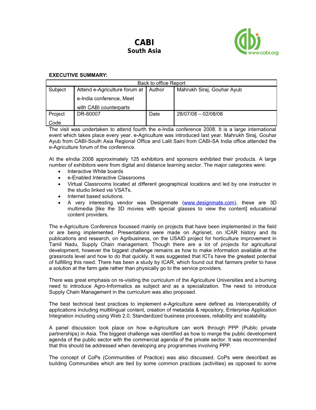 Back to Office Report Subject / Attend E-Agriculture Forum at E-India Conference, Meet