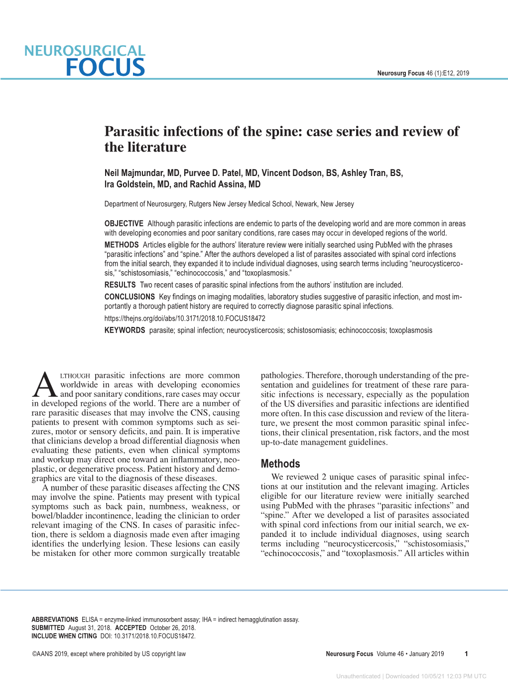 Parasitic Infections of the Spine: Case Series and Review of the Literature