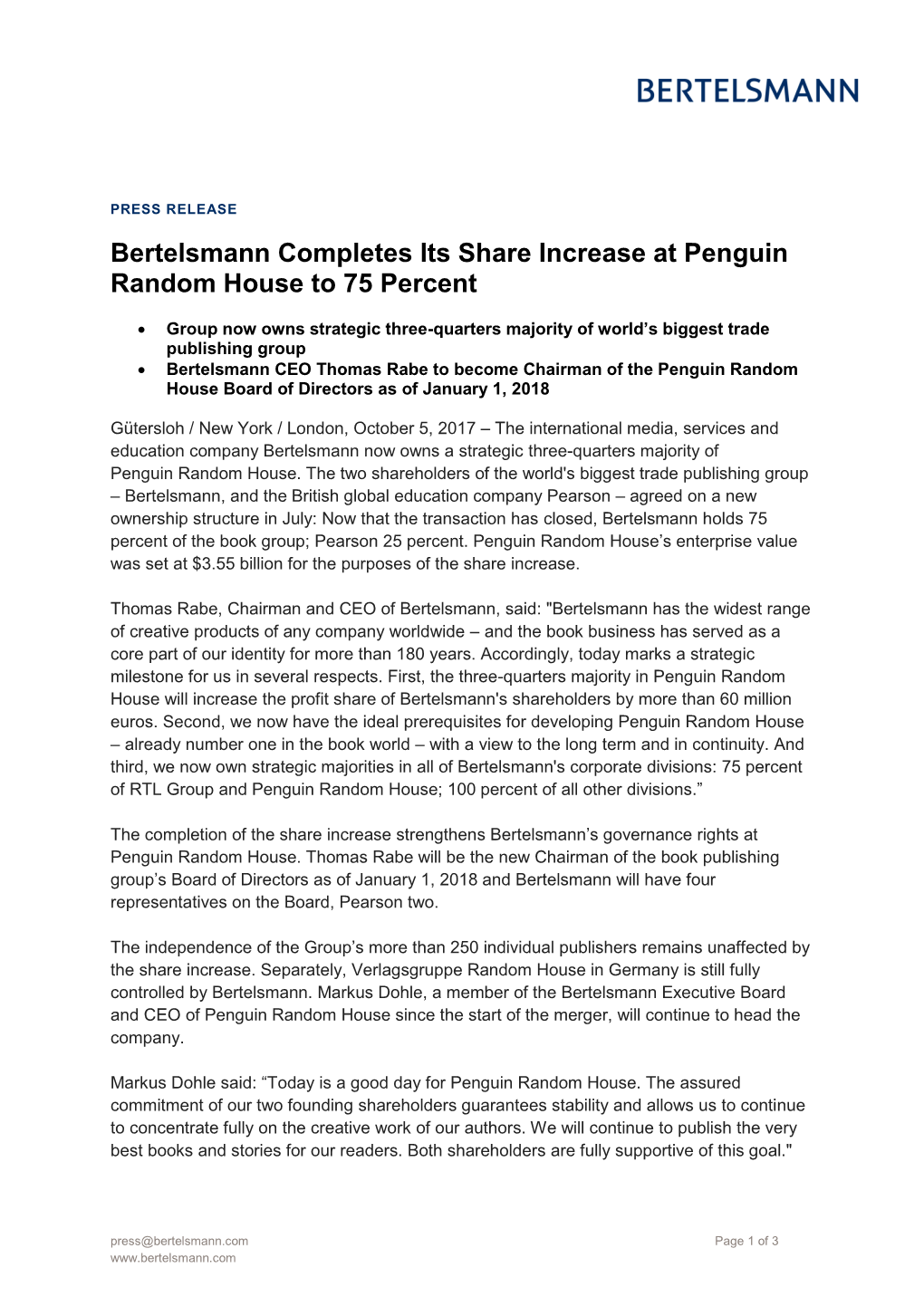 Bertelsmann Completes Its Share Increase at Penguin Random House to 75 Percent