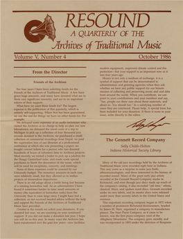 RESOUND a QUARTERLY of the Archives of Traditional Music Volume V, Number 4 October 1986