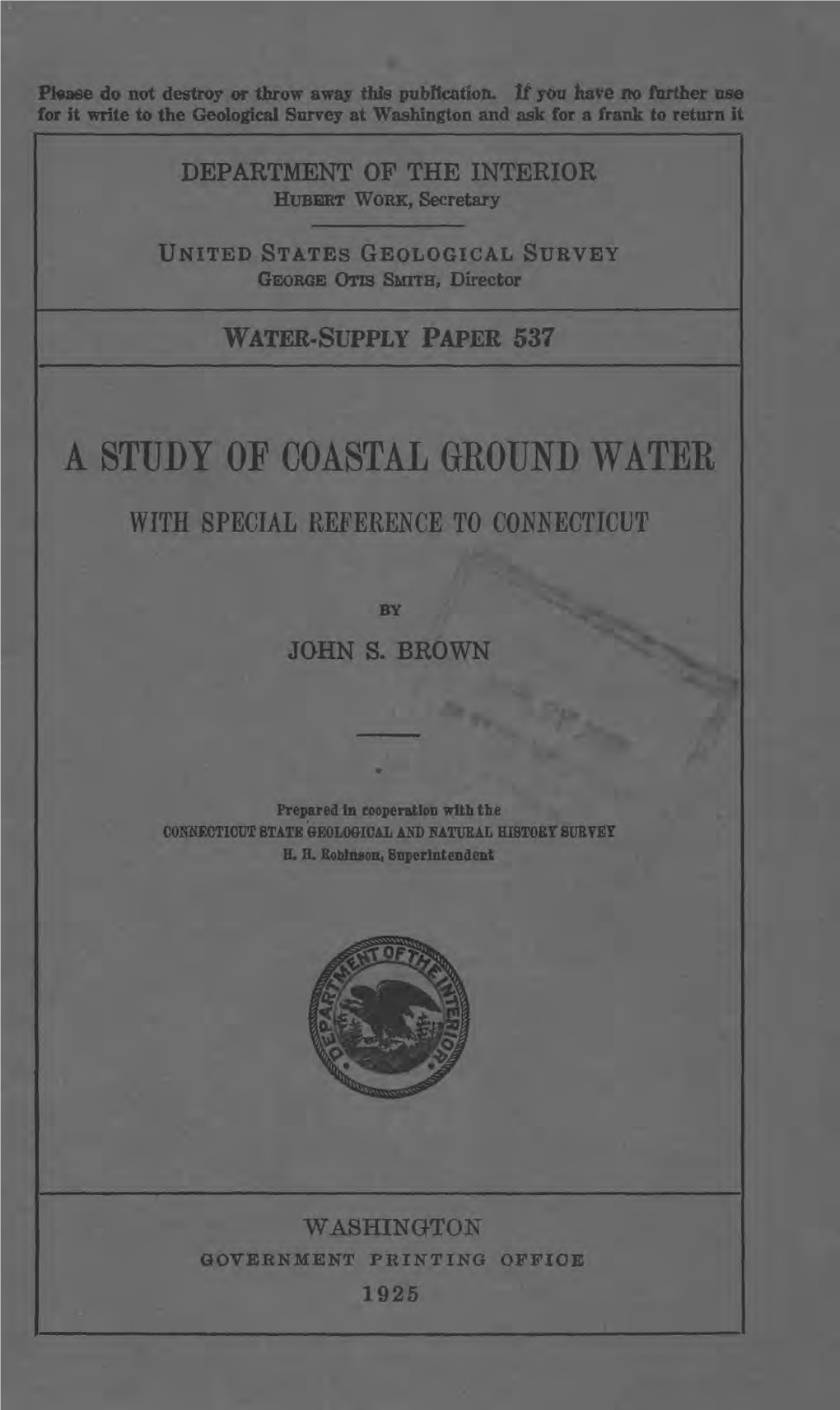 A Study of Coastal Ground Water with Special Reference to Connecticut