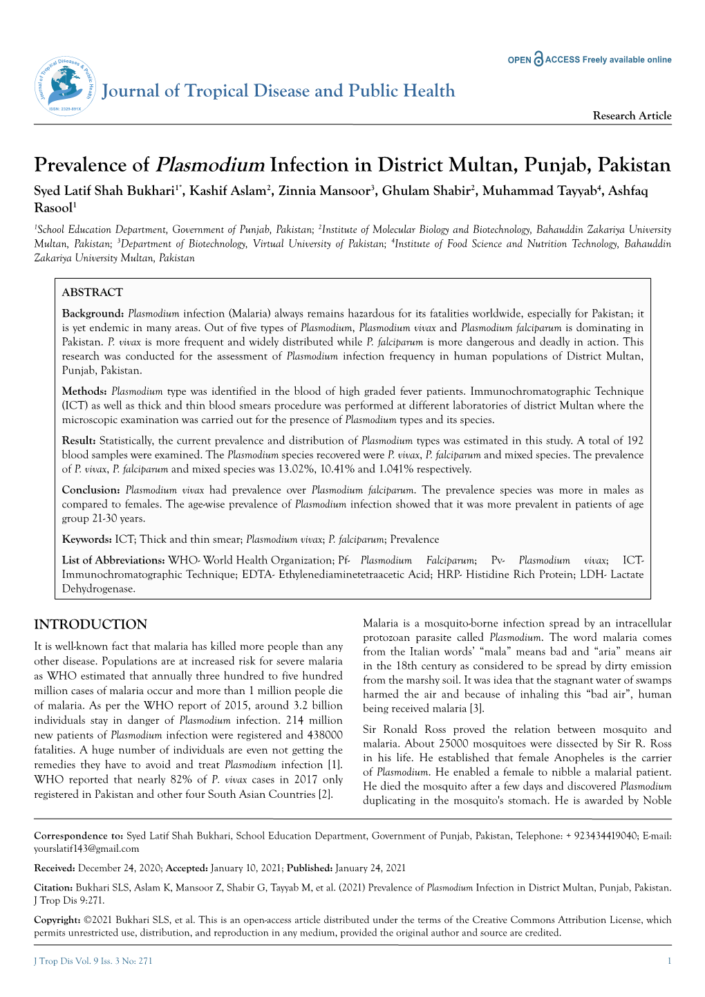 Prevalence of Plasmodium Infection in District Multan, Punjab, Pakistan