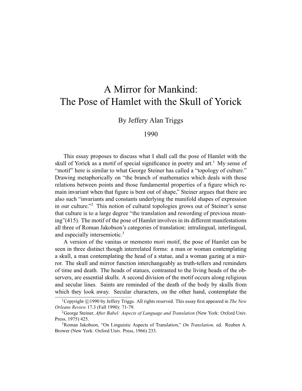 A Mirror for Mankind: the Pose of Hamlet with the Skull of Yorick