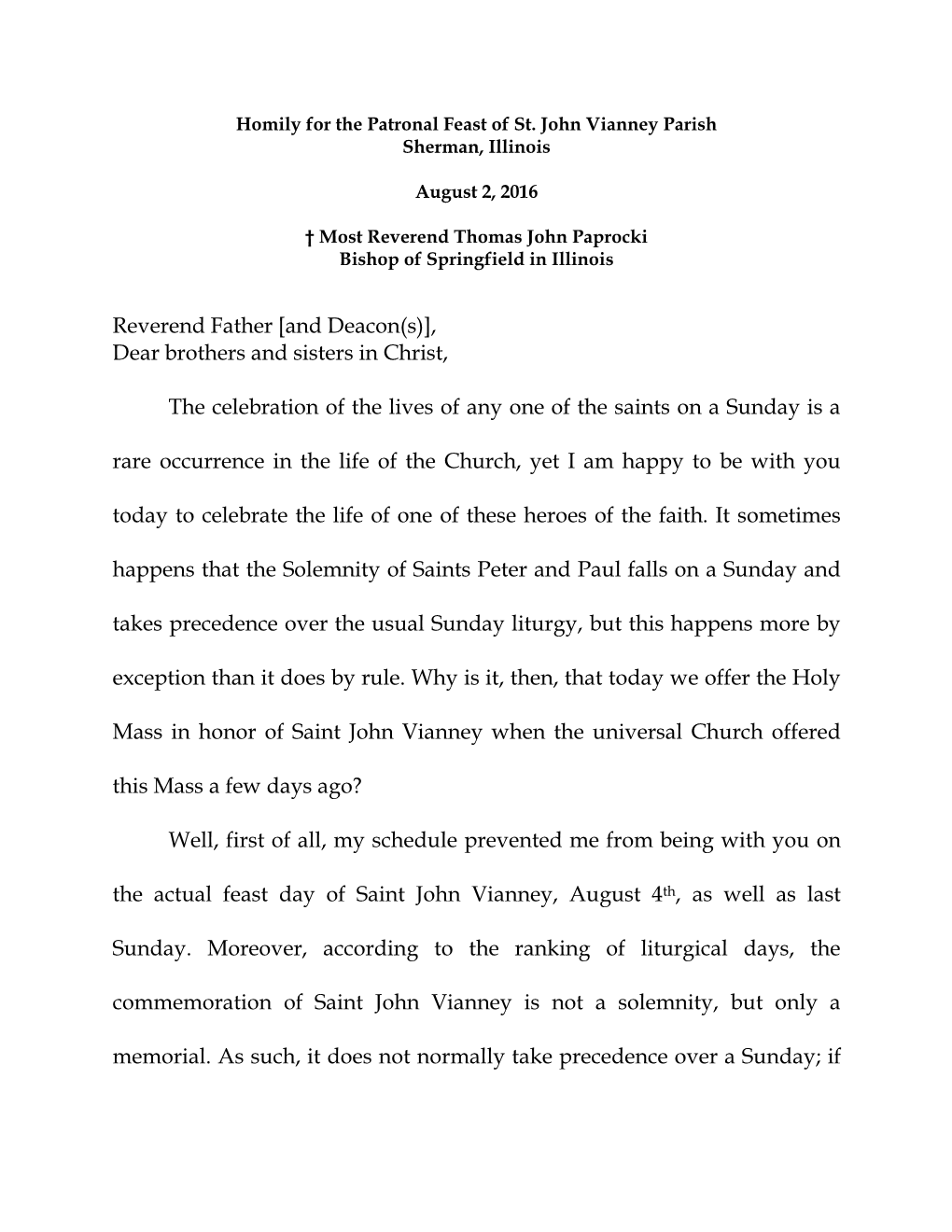 Homily for the Patronal Feast of St. John Vianney Parish Sherman, Illinois