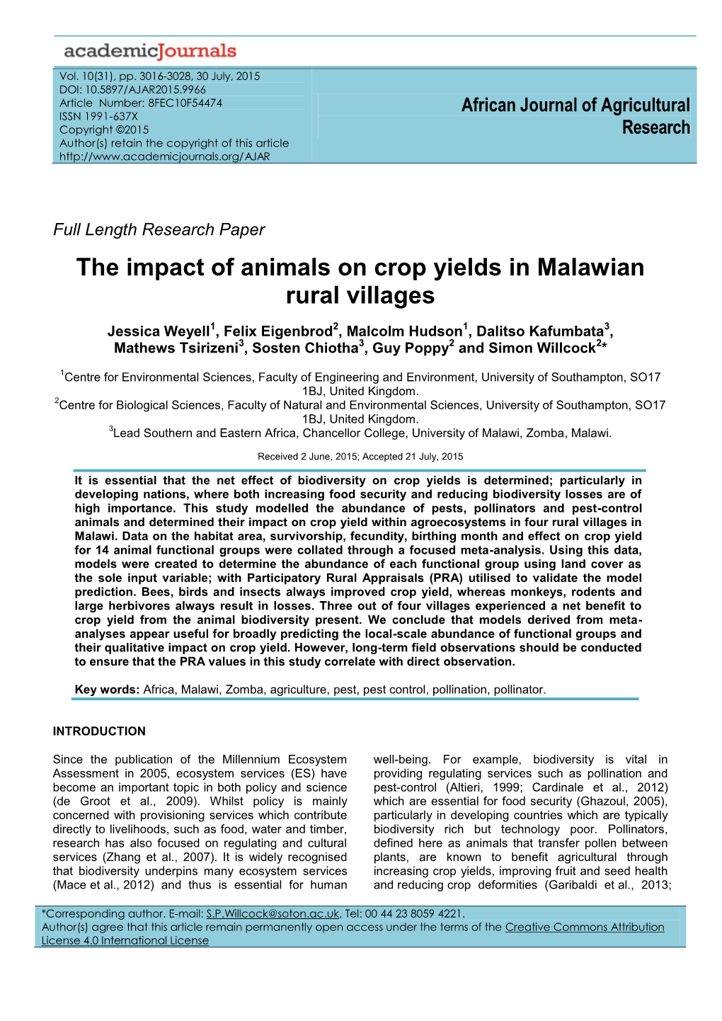 The Impact of Animals on Crop Yields in Malawian Rural Villages