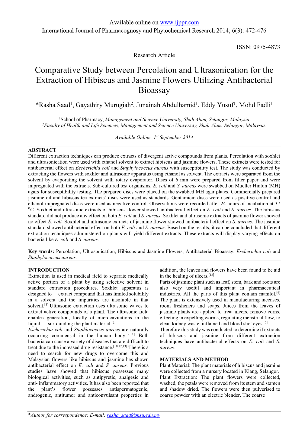 Comparative Study Between Percolation and Ultrasonication for the Extraction of Hibiscus and Jasmine Flowers Utilizing Antibacterial Bioassay