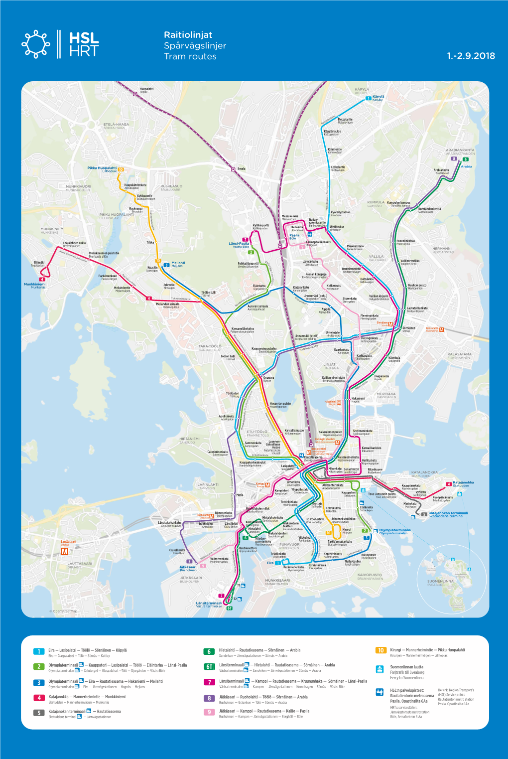 Raitiolinjat Spårvägslinjer Tram Routes 1.-2.9.2018