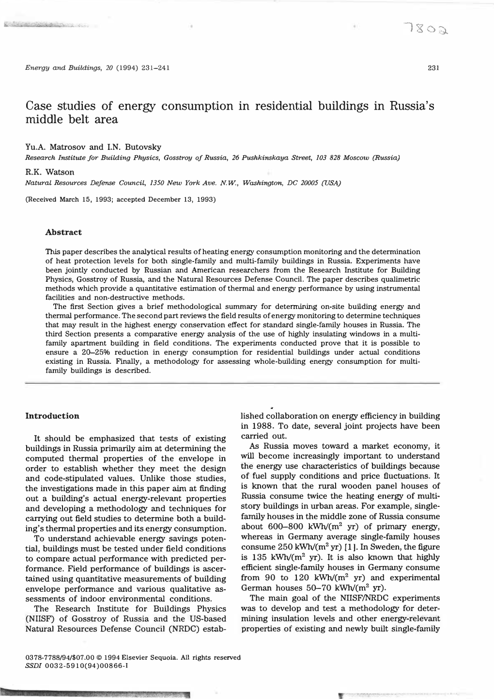 Case Studies of Energy Consumption in Residential Buildings in Russia's Middle Belt Area