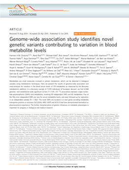 Genome-Wide Association Study Identifies Novel Genetic Variants Contributing to Variation in Blood Metabolite Levels
