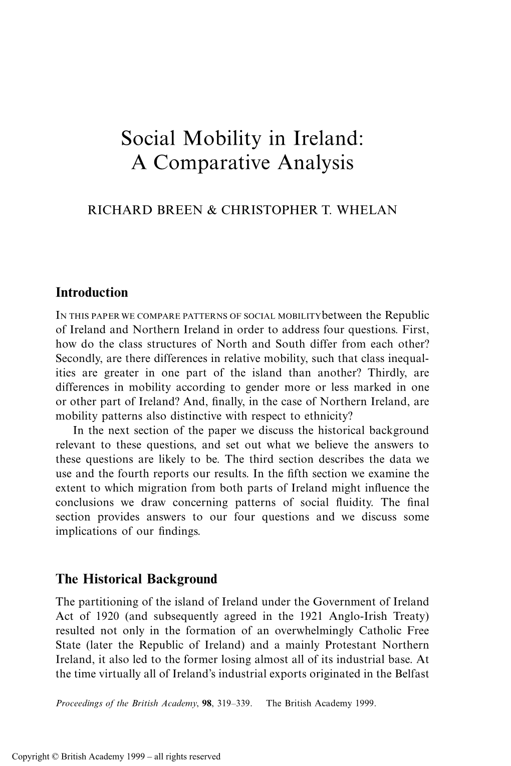 Social Mobility in Ireland: a Comparative Analysis