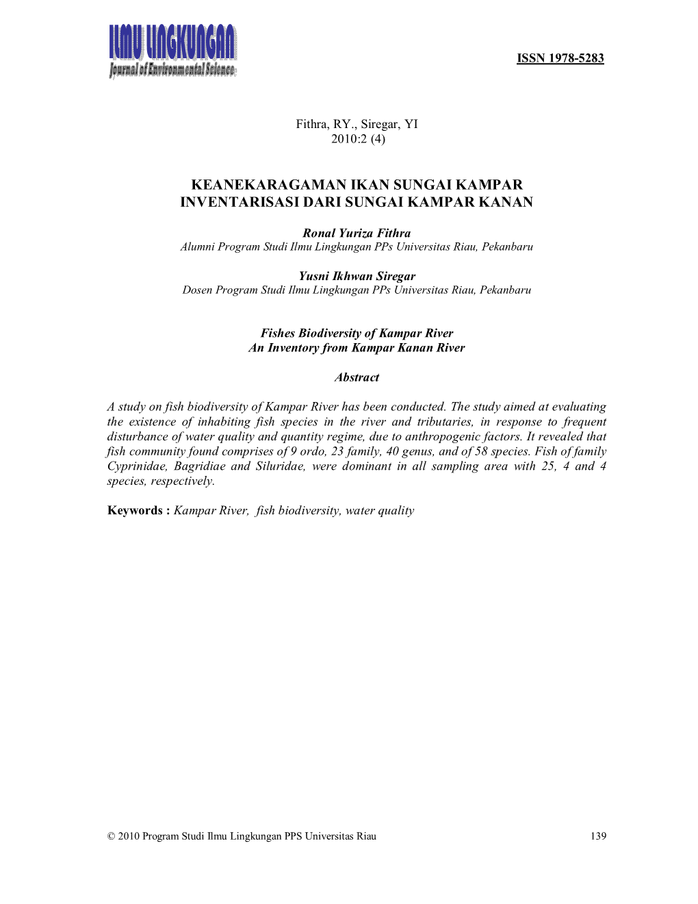 Keanekaragaman Ikan Sungai Kampar Inventarisasi Dari Sungai Kampar Kanan ISSN 1978-5283
