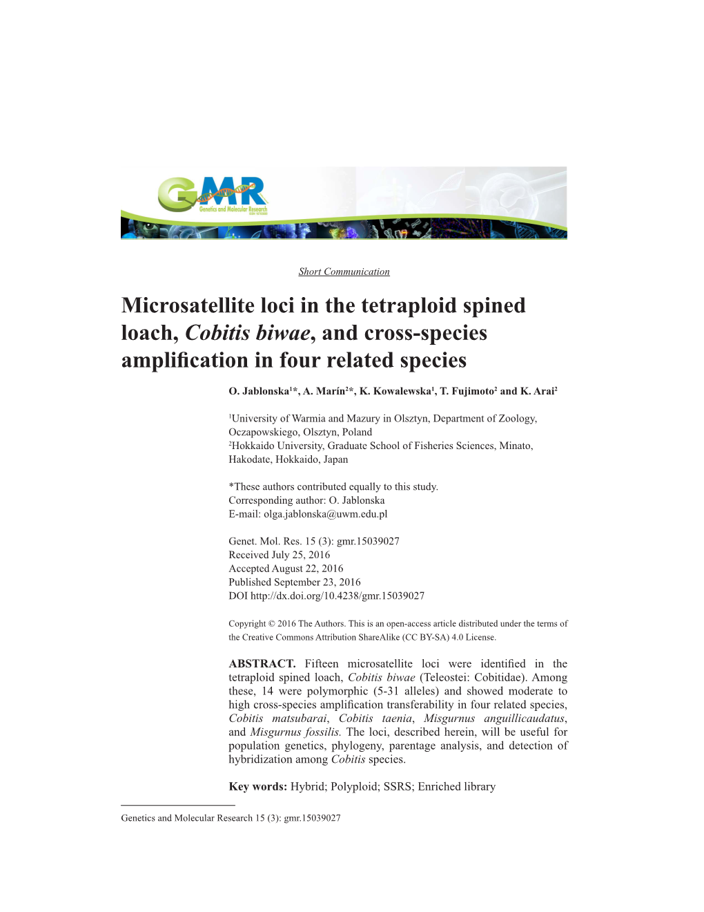 Microsatellite Loci in the Tetraploid Spined Loach, Cobitis Biwae, and Cross-Species Amplification in Four Related Species