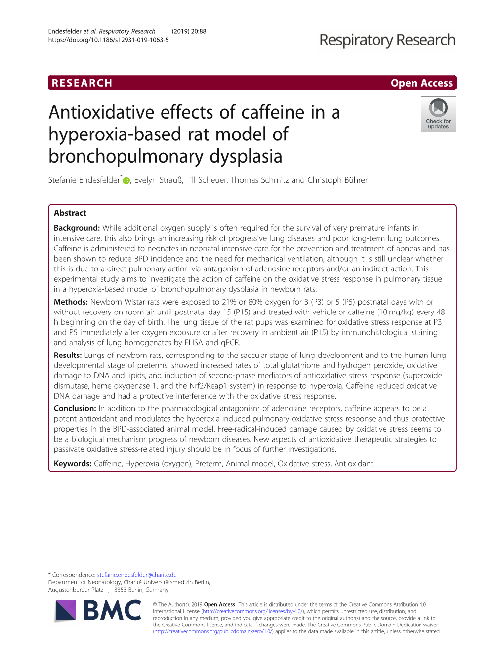 Antioxidative Effects of Caffeine in a Hyperoxia-Based Rat Model Of