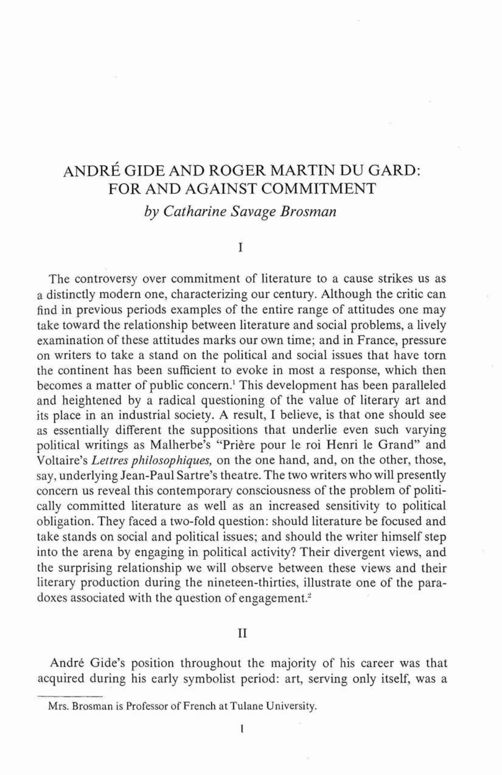 ANDRE GIDE and ROGER MARTIN DU GARD: for and AGAINST COMMITMENT by Catharine Savage Brosman