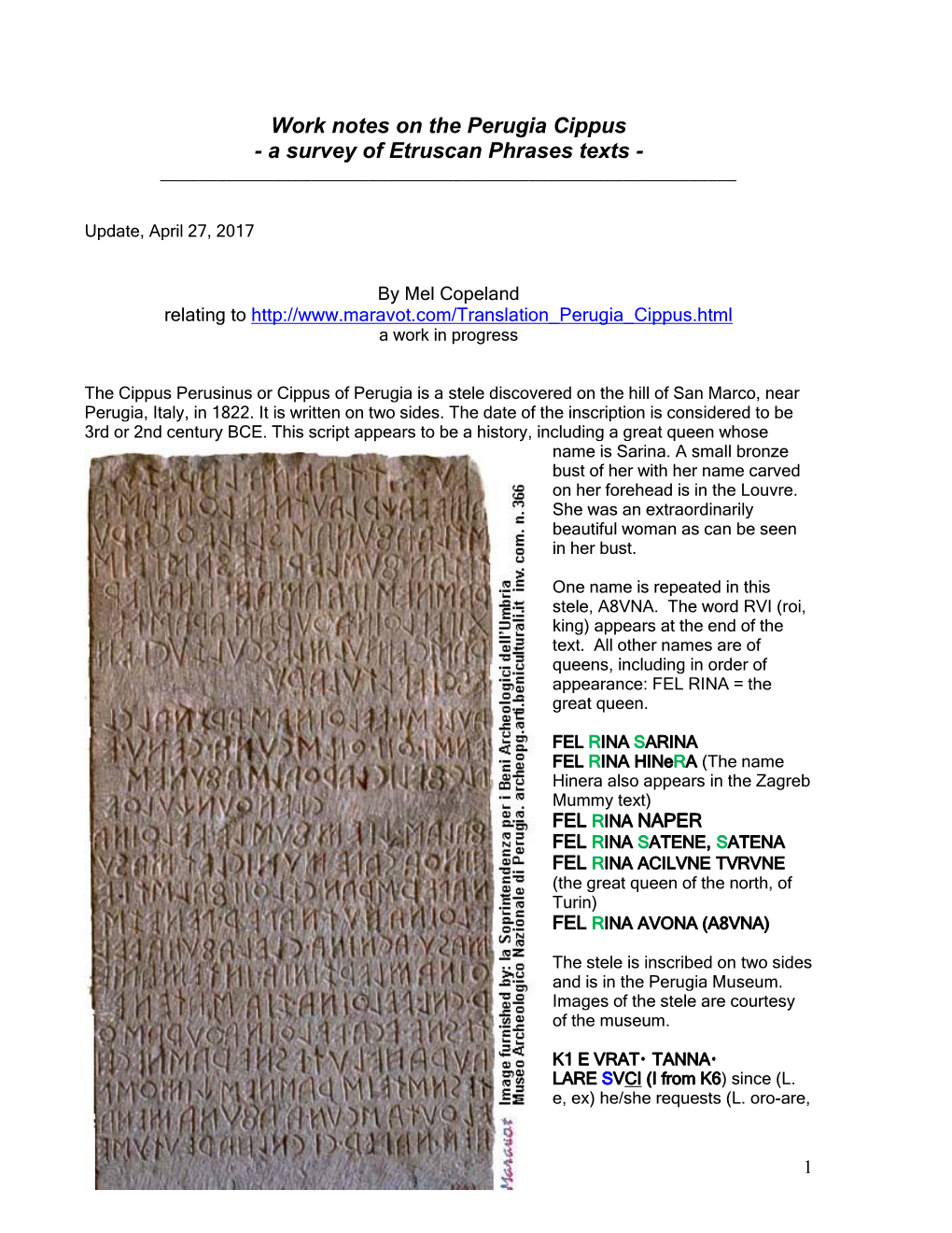 Work Notes on the Perugia Cippus - a Survey of Etruscan Phrases Texts - ______