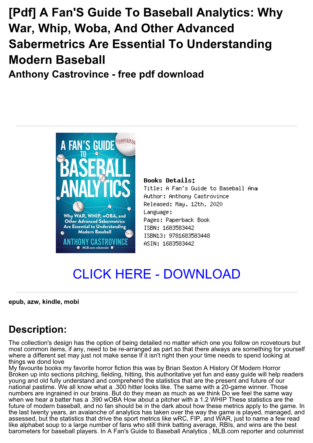 [Pdf] a Fan's Guide to Baseball Analytics: Why War, Whip, Woba
