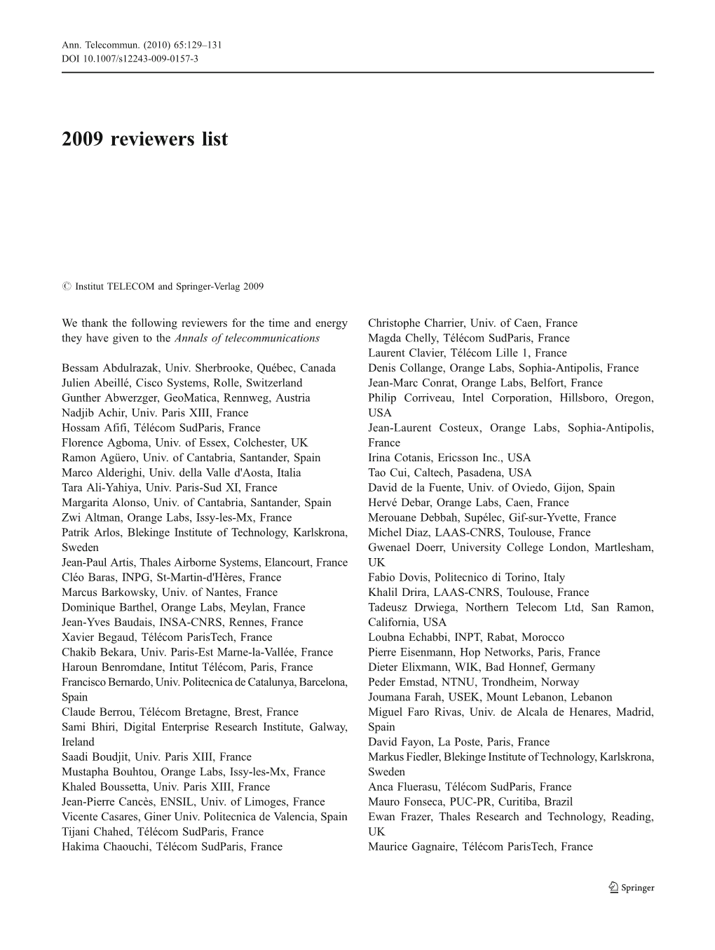 2009 Reviewers List