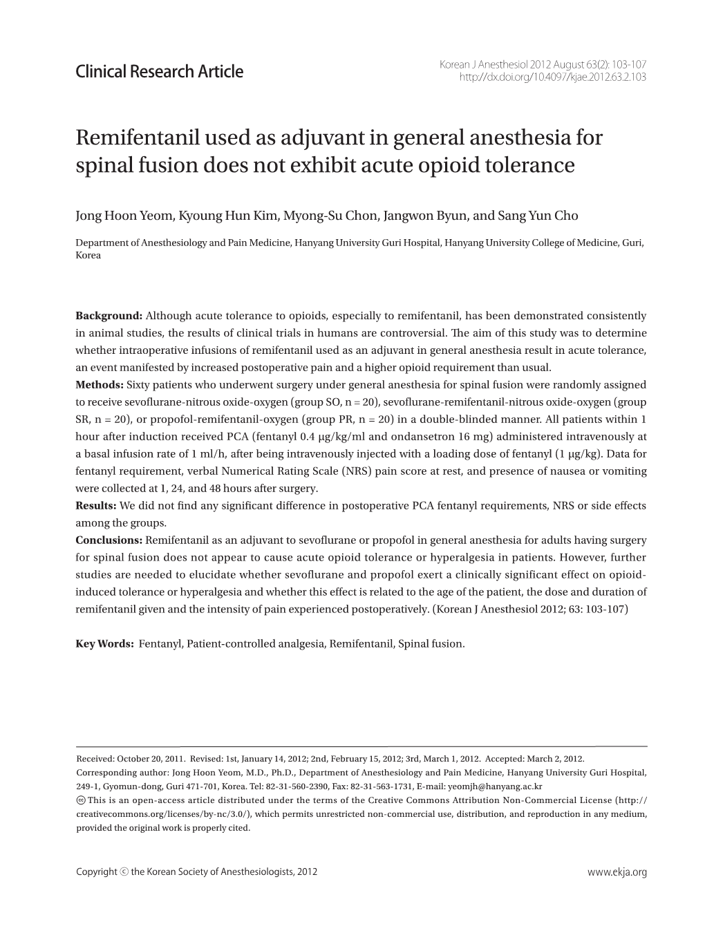 Remifentanil Used As Adjuvant in General Anesthesia for Spinal Fusion Does Not Exhibit Acute Opioid Tolerance