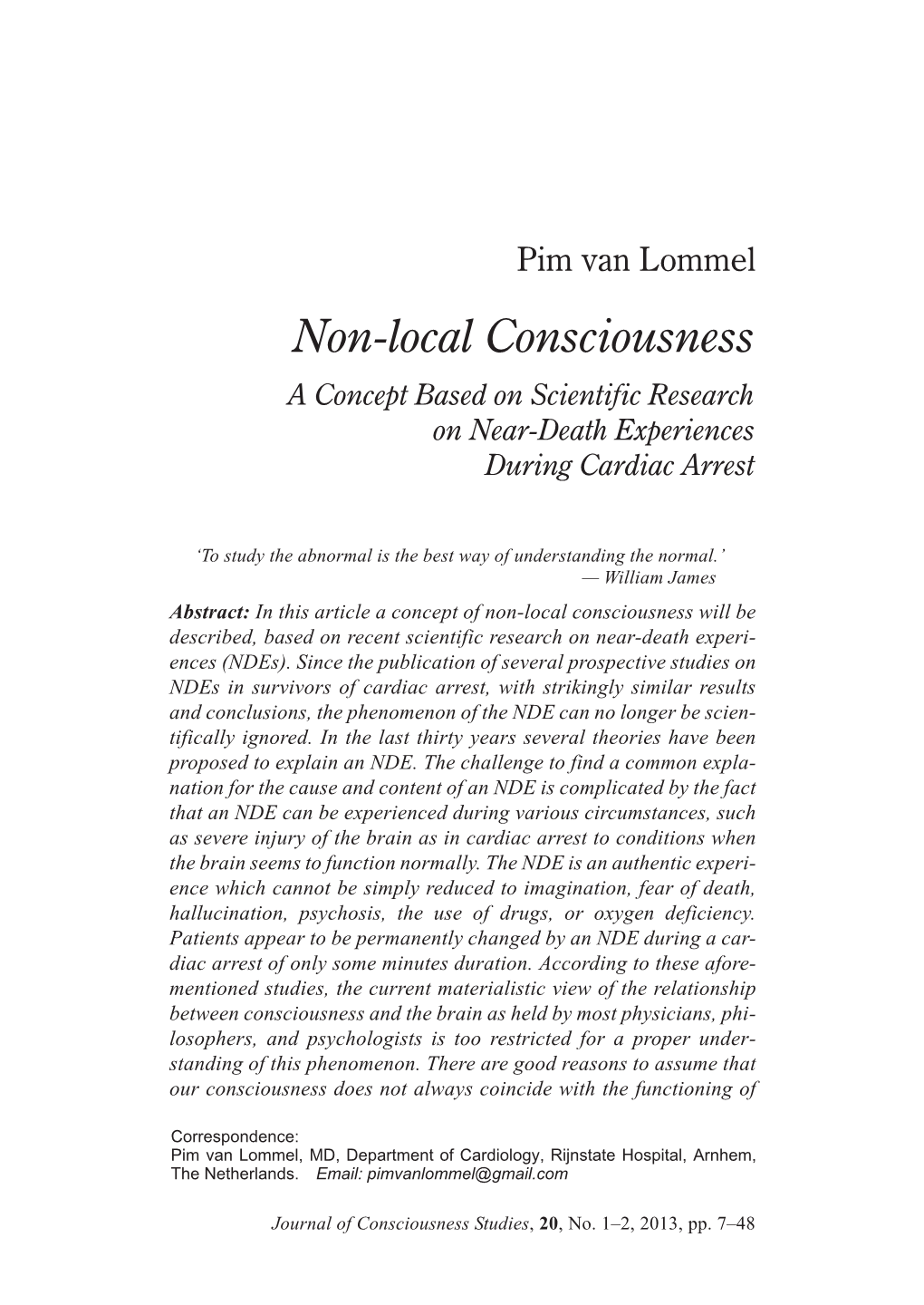 Non-Local Consciousness a Concept Based on Scientific Research on Near-Death Experiences During Cardiac Arrest