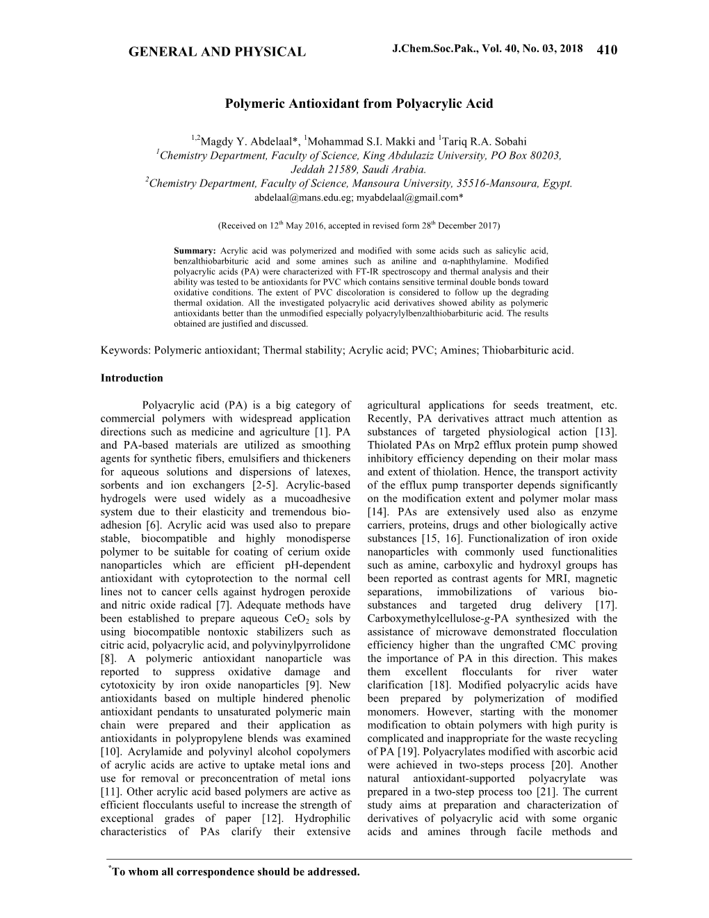 Polymeric Antioxidant from Polyacrylic Acid GENERAL and PHYSICAL