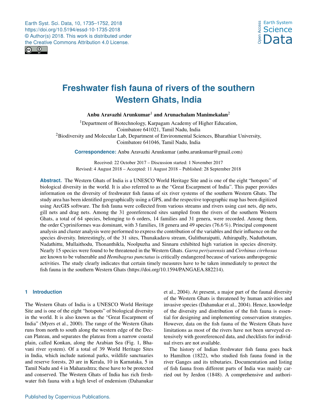 Freshwater Fish Fauna of Rivers of the Southern Western Ghats, India