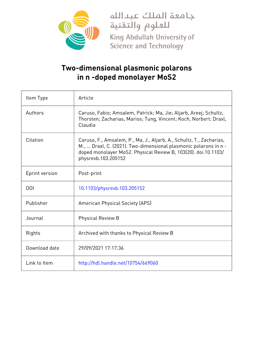 Two-Dimensional Plasmonic Polarons in N-Doped Monolayer Mos2