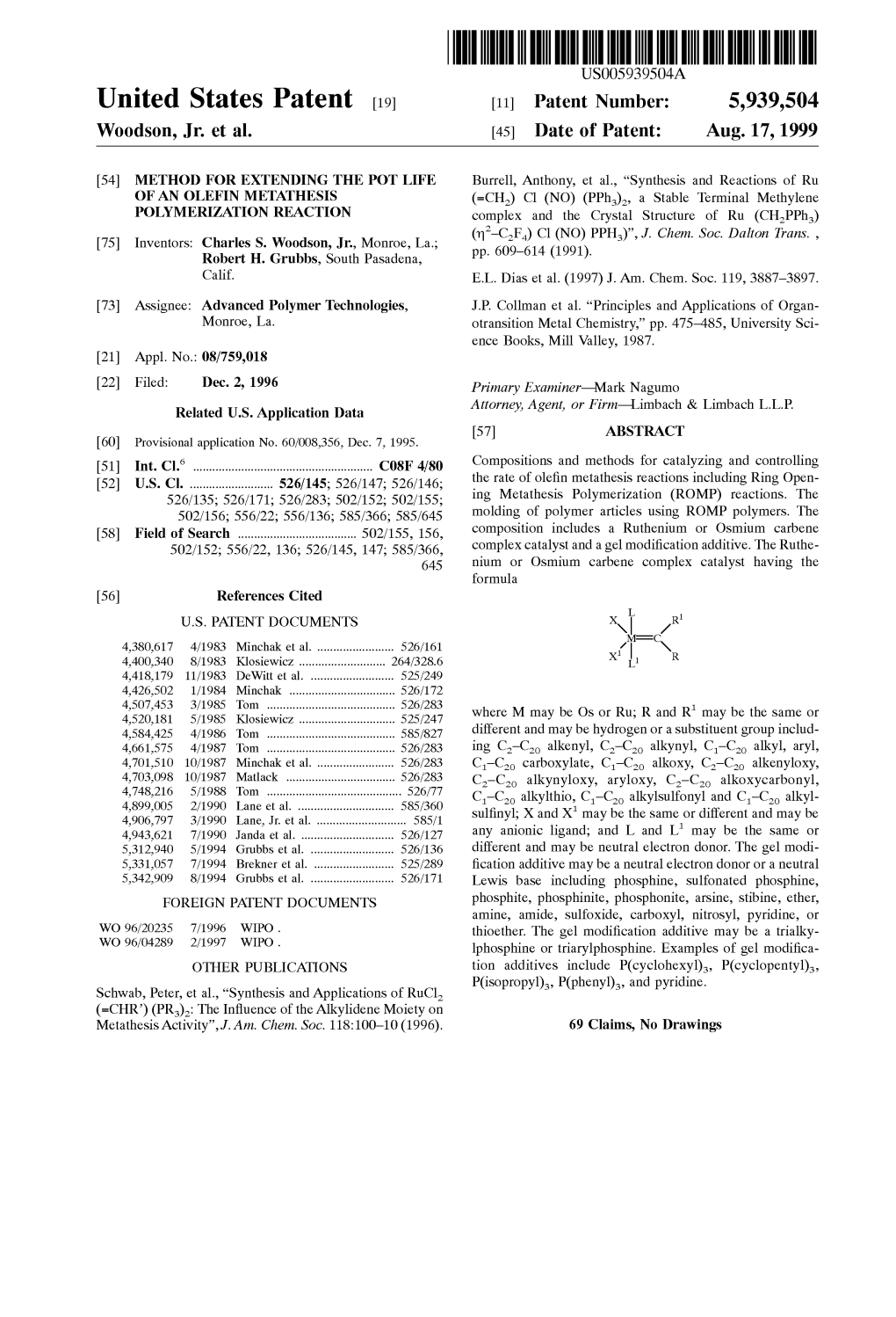 United States Patent (19) 11 Patent Number: 5,939,504 Woodson, Jr