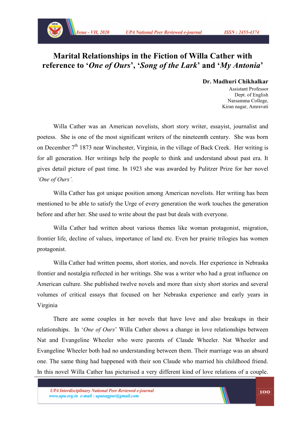 Marital Relationships in the Fiction of Willa Cather with Reference to 'One of Ours', 'Song of the Lark' and 'My Anton