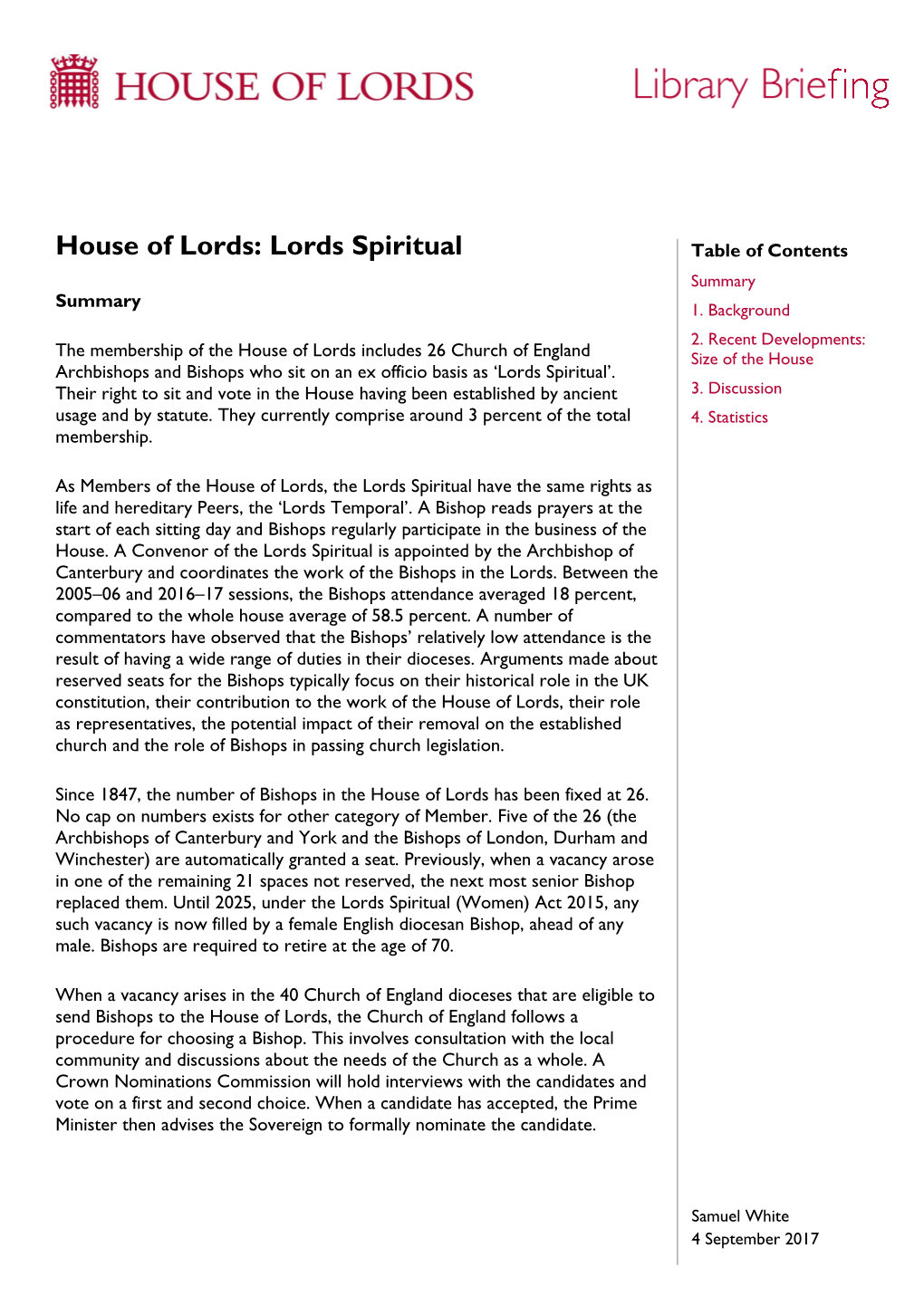 House of Lords: Lords Spiritual Table of Contents Summary Summary 1