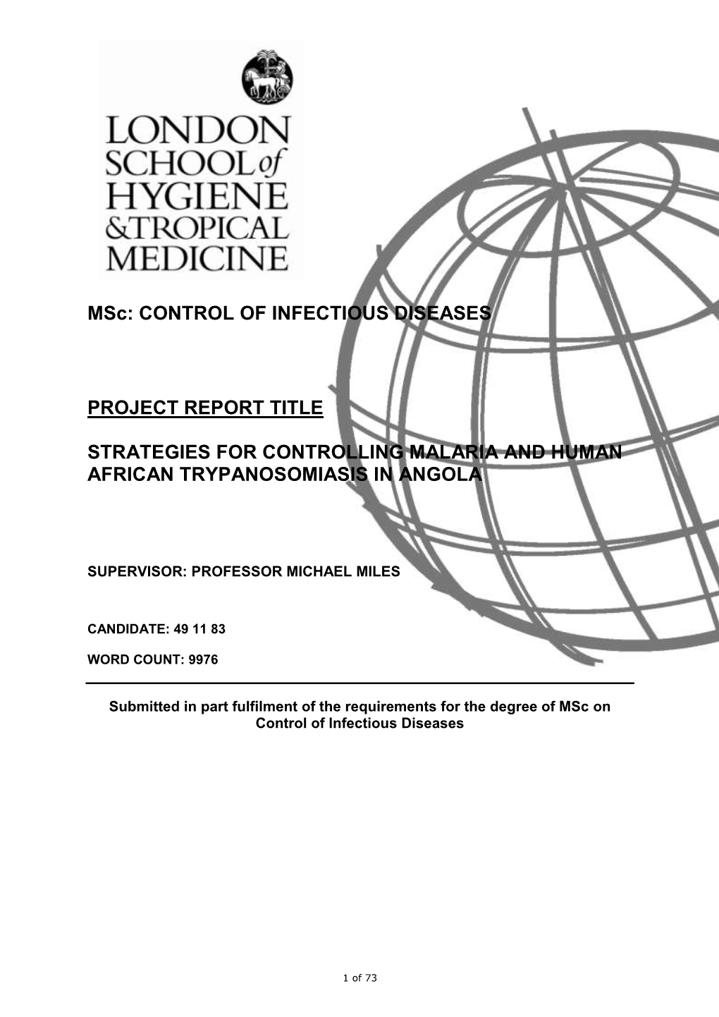 Msc: CONTROL of INFECTIOUS DISEASES PROJECT REPORT