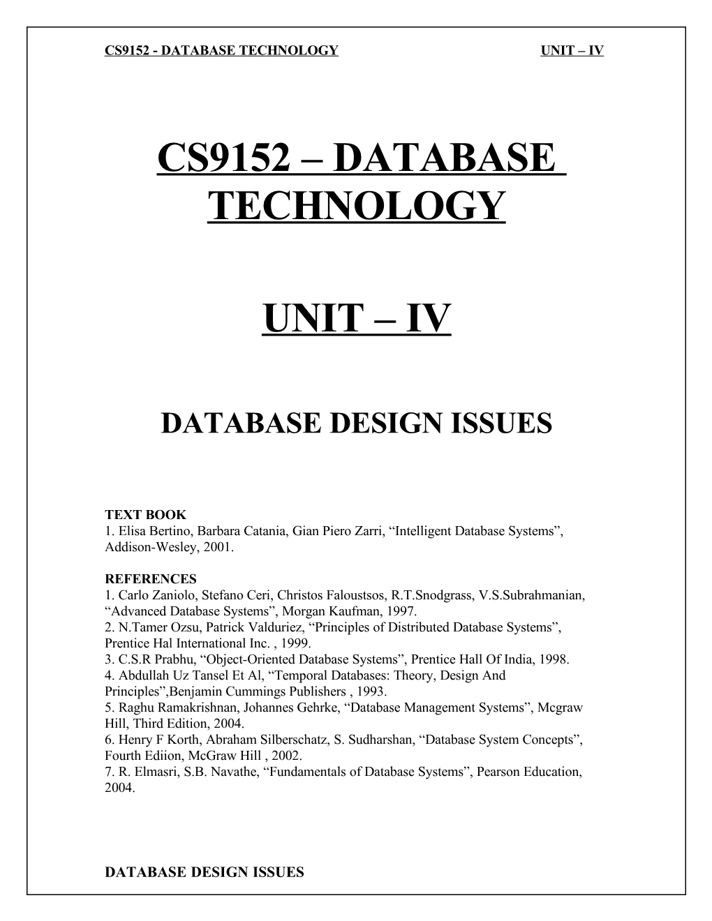 Cs9152 – Database Technology Unit – Iv