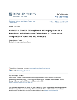 Variation in Emotion Eliciting Events and Display Rules As a Function of Individualism and Collectivism: a Cross Cultural Comparison of Pakistanis and Americans