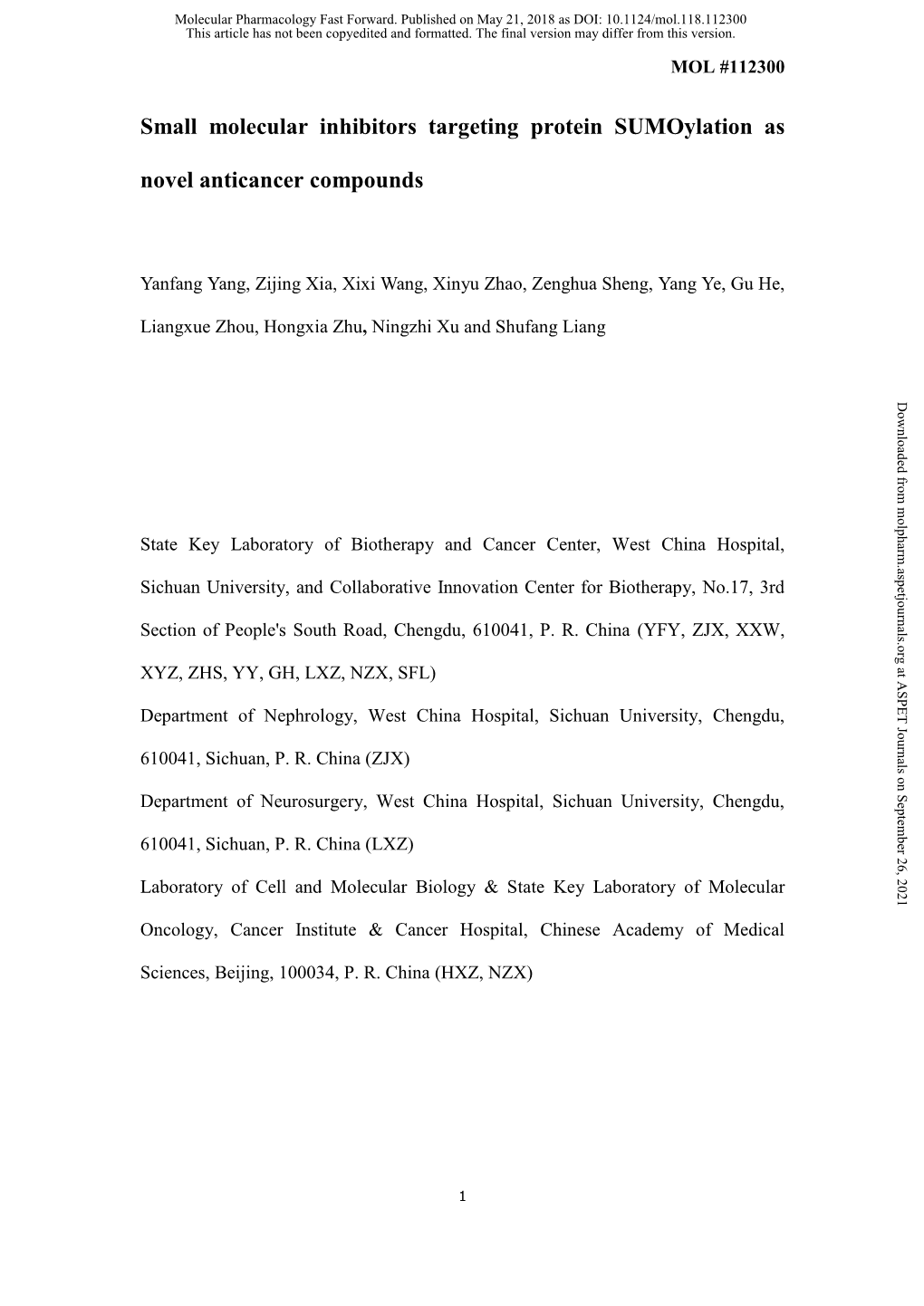 Small Molecular Inhibitors Targeting Protein Sumoylation As Novel Anticancer Compounds