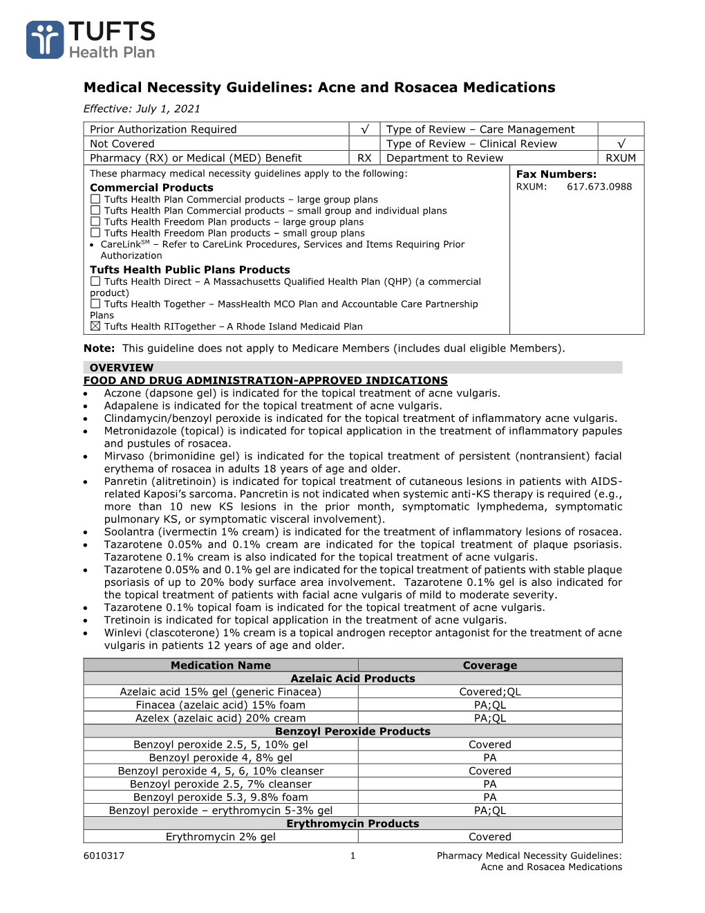 Medical Necessity Guidelines: Acne and Rosacea Medications