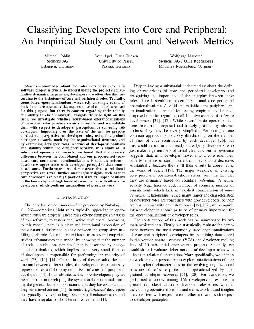 Classifying Developers Into Core and Peripheral: an Empirical Study on Count and Network Metrics
