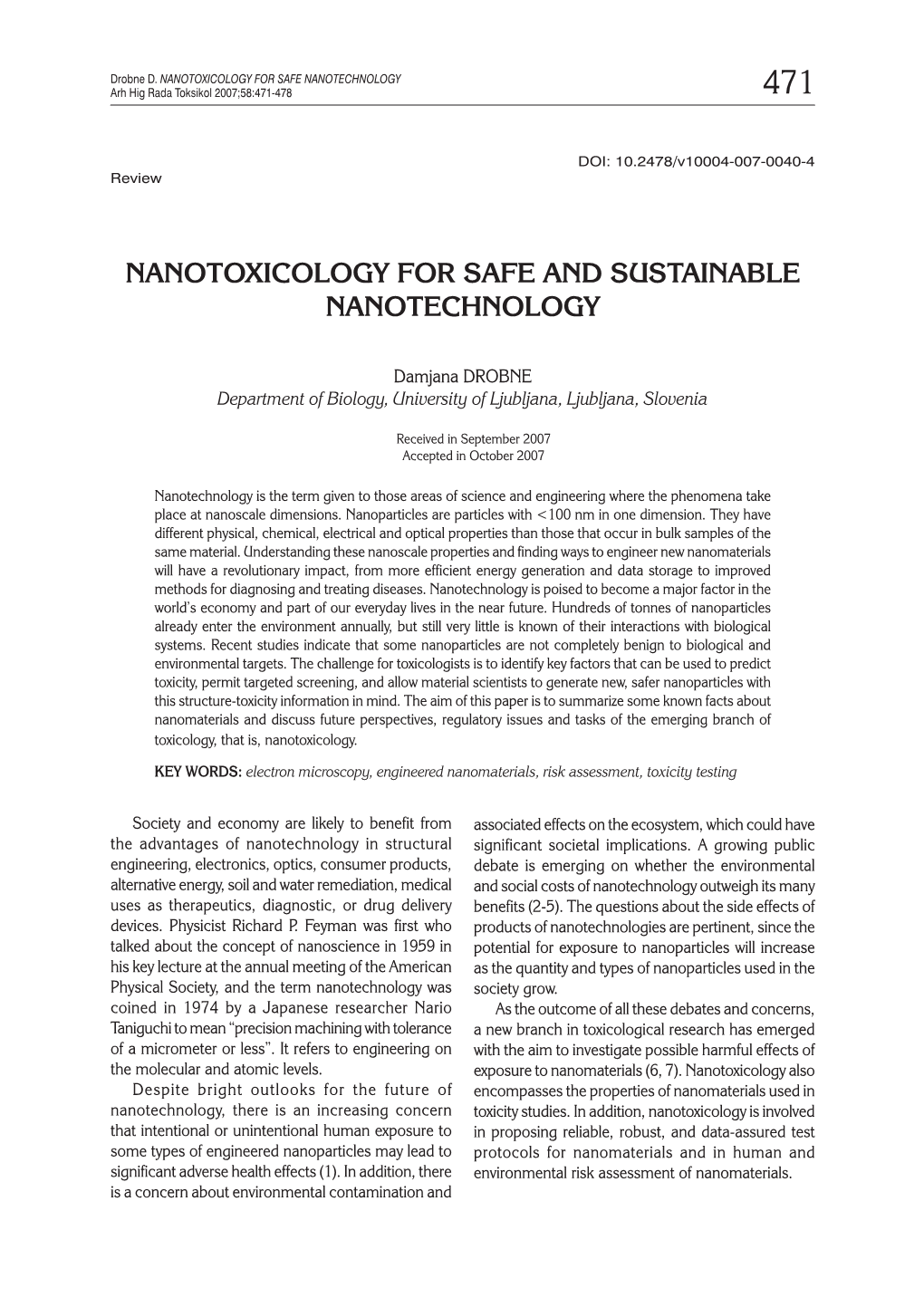 Nanotoxicology for Safe and Sustainable Nanotechnology