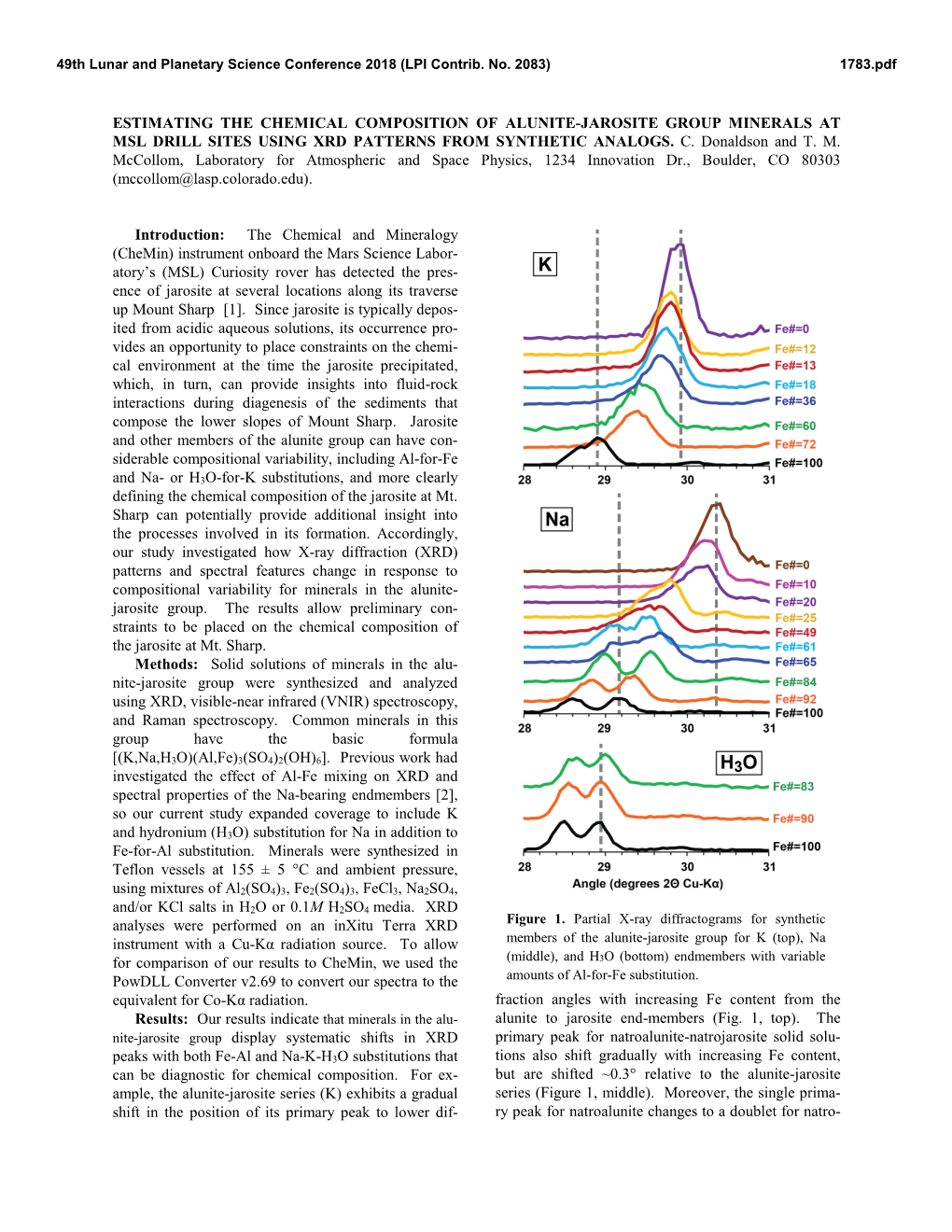 Estimating the Chemical Composition of Alunite-Jarosite Group Minerals at Msl Drill Sites Using Xrd Patterns from Synthetic Analogs