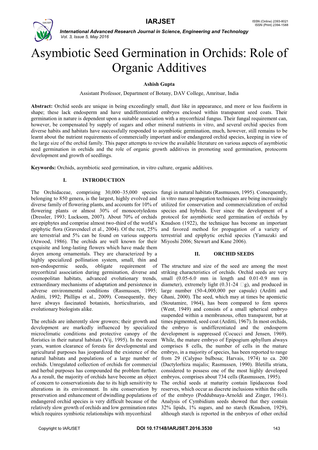 Asymbiotic Seed Germination in Orchids: Role of Organic Additives