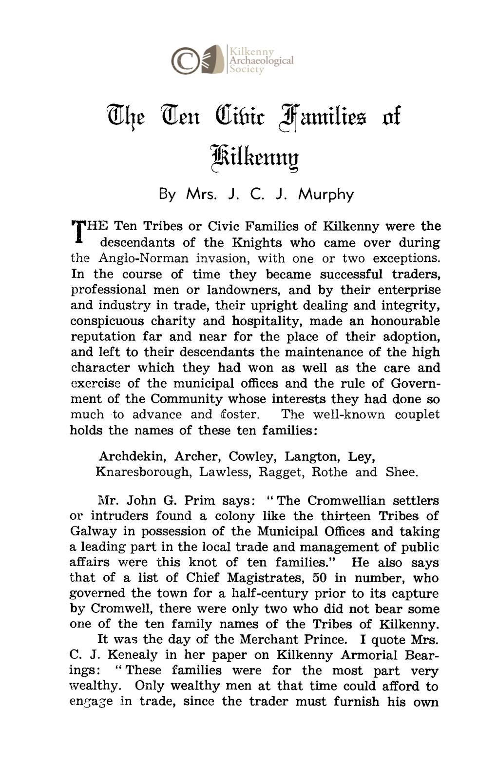 The Ten Civic Families of Kilkenny