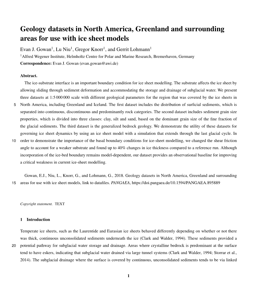 Geology Datasets in North America, Greenland and Surrounding Areas for Use with Ice Sheet Models Evan J