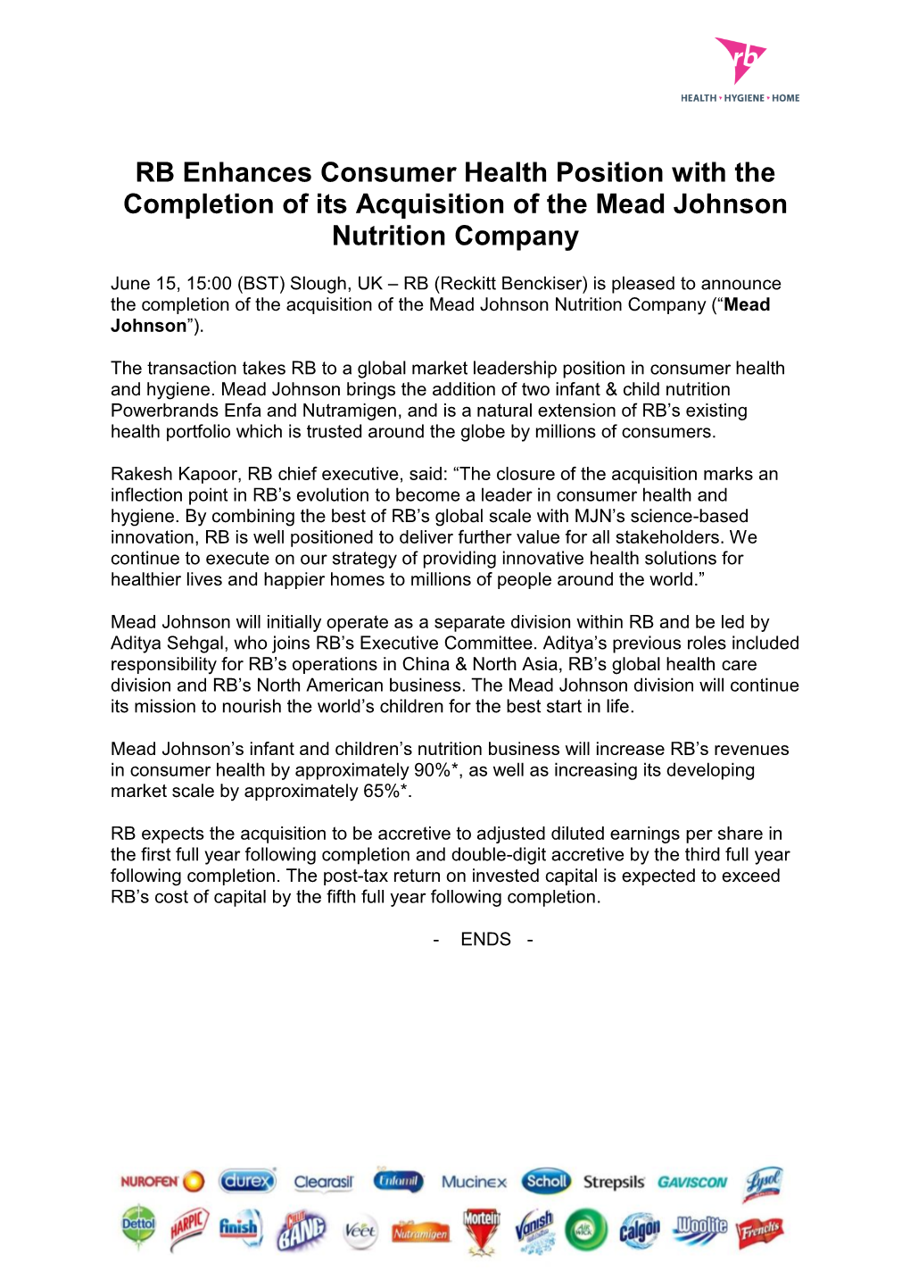 RB Enhances Consumer Health Position with the Completion of Its Acquisition of the Mead Johnson Nutrition Company
