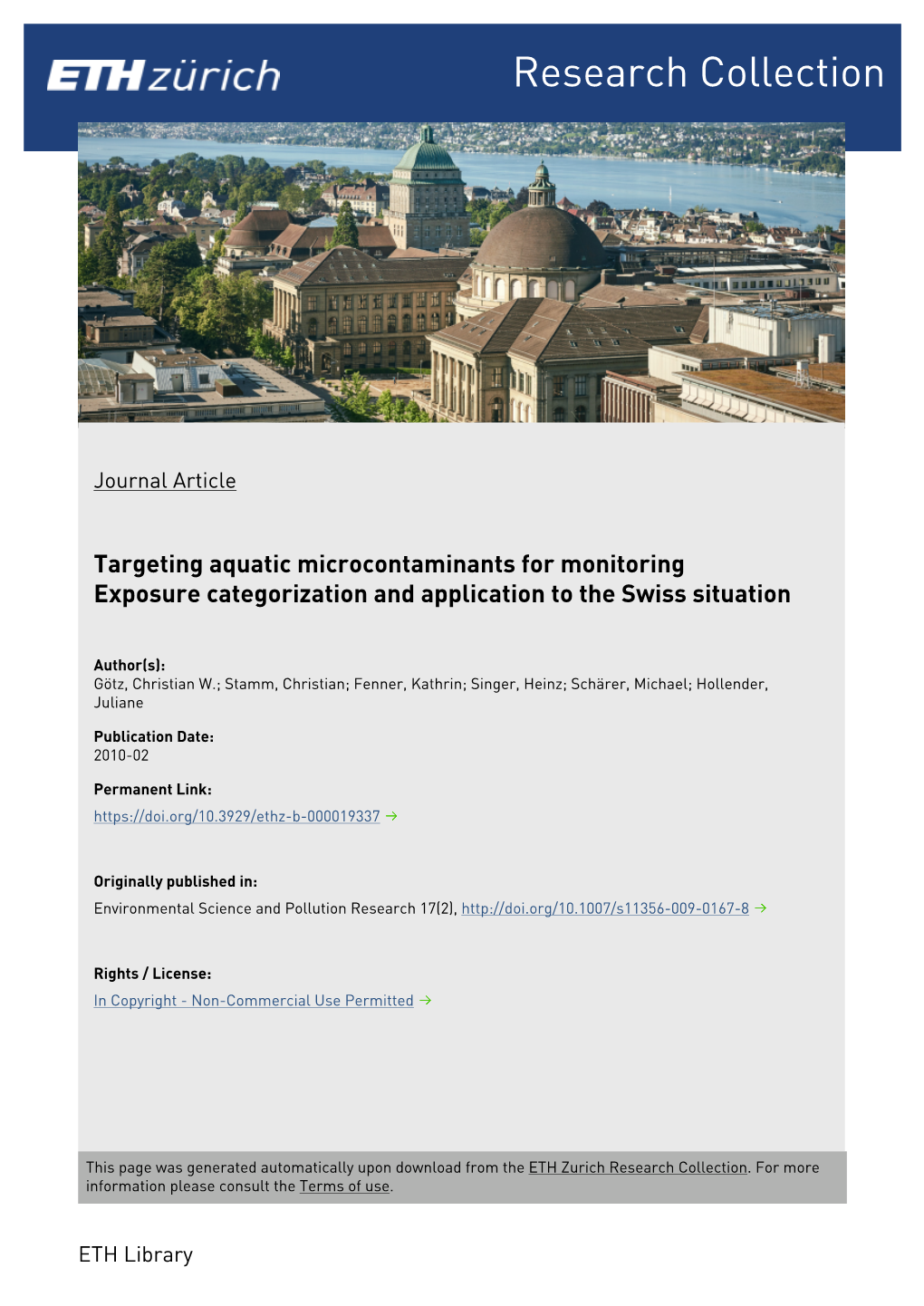 Targeting Aquatic Microcontaminants for Monitoring Exposure Categorization and Application to the Swiss Situation