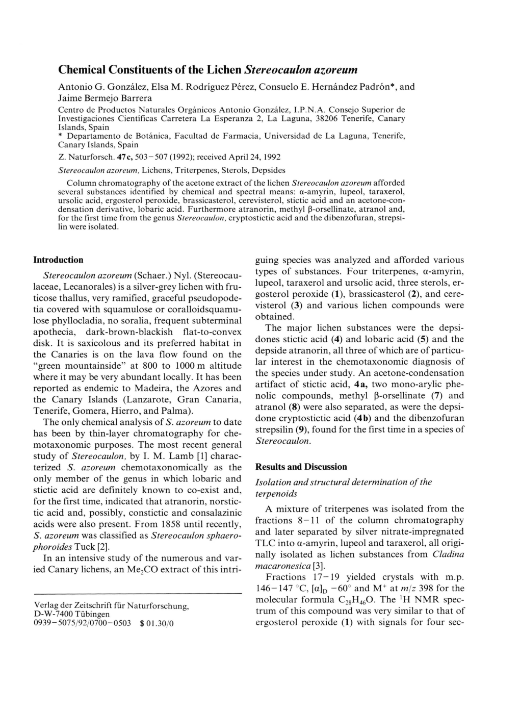 Chemical Constituents of the Lichen Stereocaulon Azoreum Antonio G