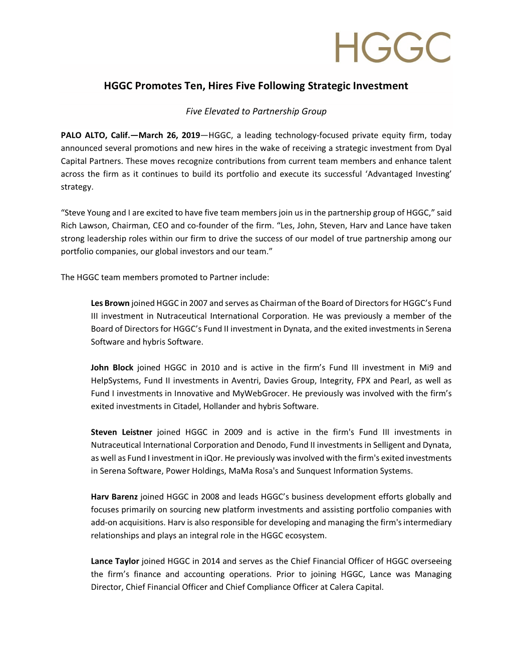 HGGC Promotes Ten, Hires Five Following Strategic Investment
