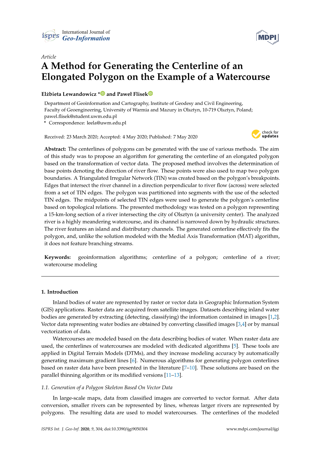 A Method for Generating the Centerline of an Elongated Polygon on the Example of a Watercourse