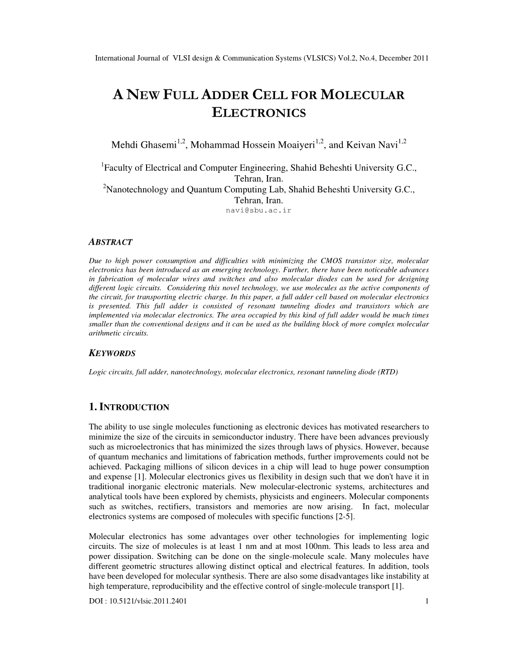 A New Full Adder Cell for Molecular Electronics