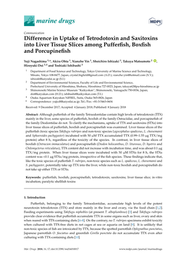 Difference in Uptake of Tetrodotoxin and Saxitoxins Into Liver Tissue Slices Among Pufferﬁsh, Boxﬁsh and Porcupineﬁsh