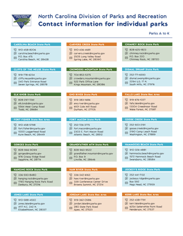 North Carolina Division of Parks and Recreation Contact Information for Individual Parks